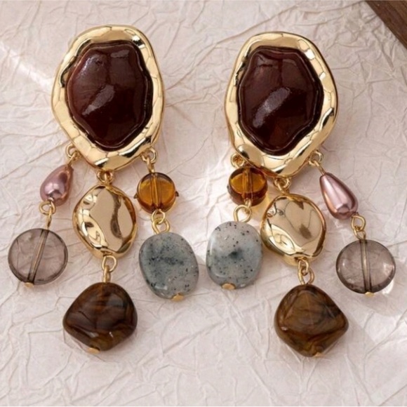 NEW! ZARA Statement Gold  And Multi-color Stones Dangle Post Earrings - Picture 2 of 3